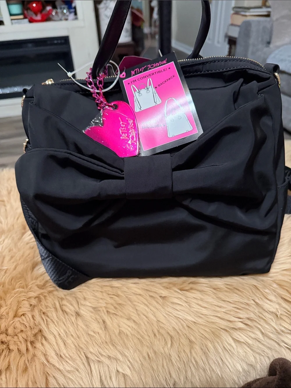Betsy Johnson Black Bow Convertible Backpack/X Body/Shoulder NWT